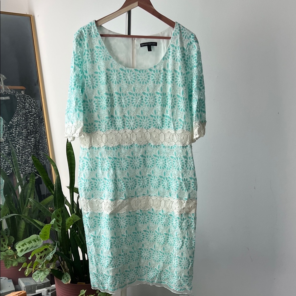 Elegant Lace Overlay Dress in Aqua and White 18